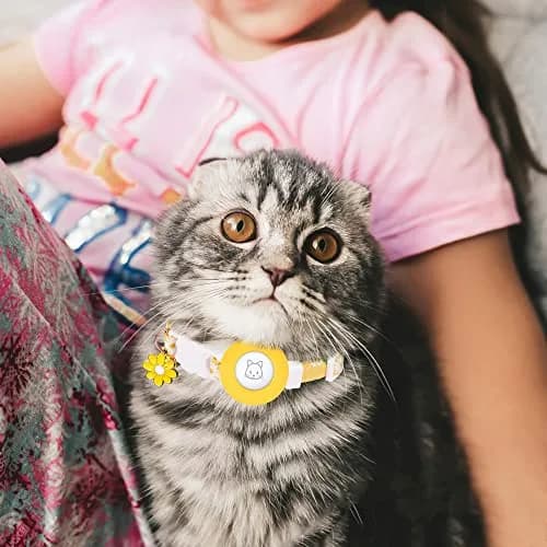 JXFUKAL Airtag Cat Collar with Breakaway Buckle, Silicone AirTag Holder, Bell & Flower Charm, Yellow, 20-30 cm (7.1"-11.8") thumbnail 7