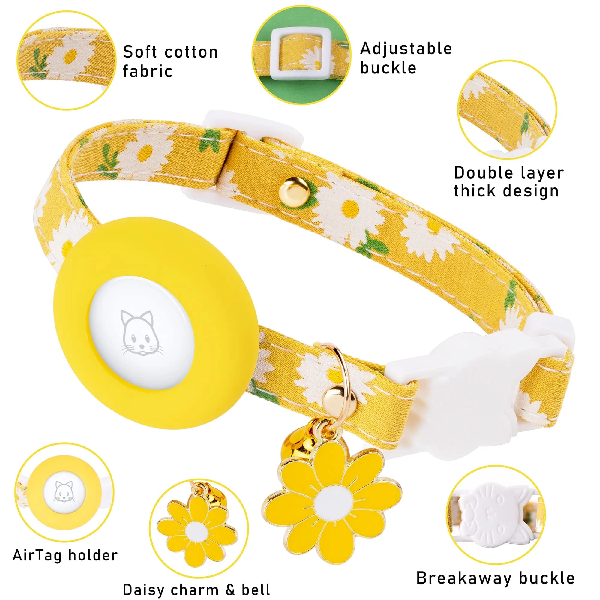 JXFUKAL Yellow Airtag Cat Collar with Breakaway Buckle, Silicone AirTag Holder, Bell & Flower Charm for Cats & Small Dogs - view 2