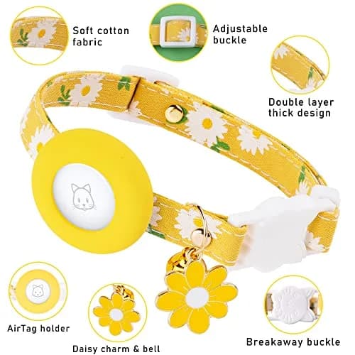 JXFUKAL Airtag Cat Collar with Breakaway Buckle, Silicone AirTag Holder, Bell & Flower Charm, Yellow, 20-30 cm (7.1"-11.8") thumbnail 2