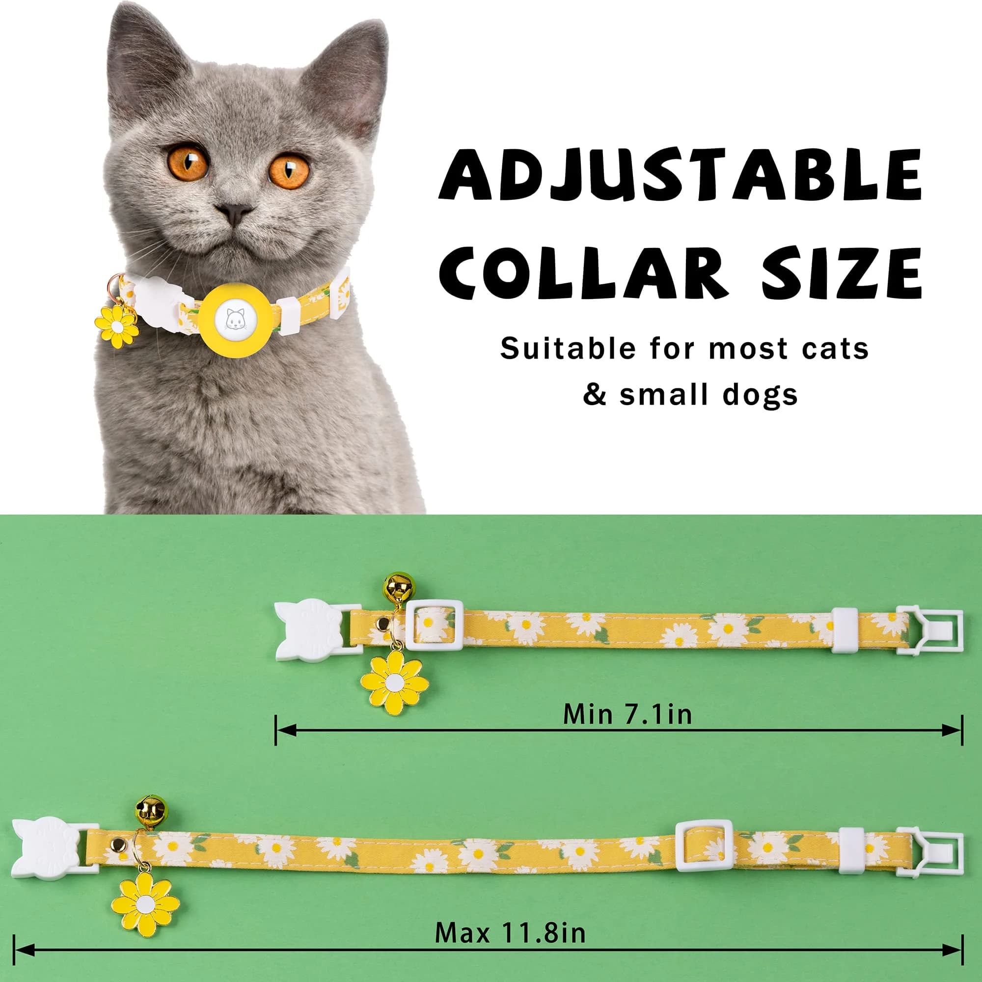 JXFUKAL Yellow Airtag Cat Collar with Breakaway Buckle, Silicone AirTag Holder, Bell & Flower Charm for Cats & Small Dogs - view 3