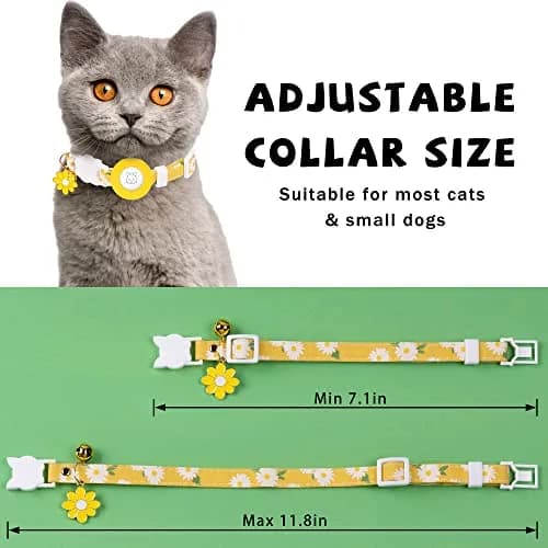 JXFUKAL Airtag Cat Collar with Breakaway Buckle, Silicone AirTag Holder, Bell & Flower Charm, Yellow, 20-30 cm (7.1"-11.8") thumbnail 3
