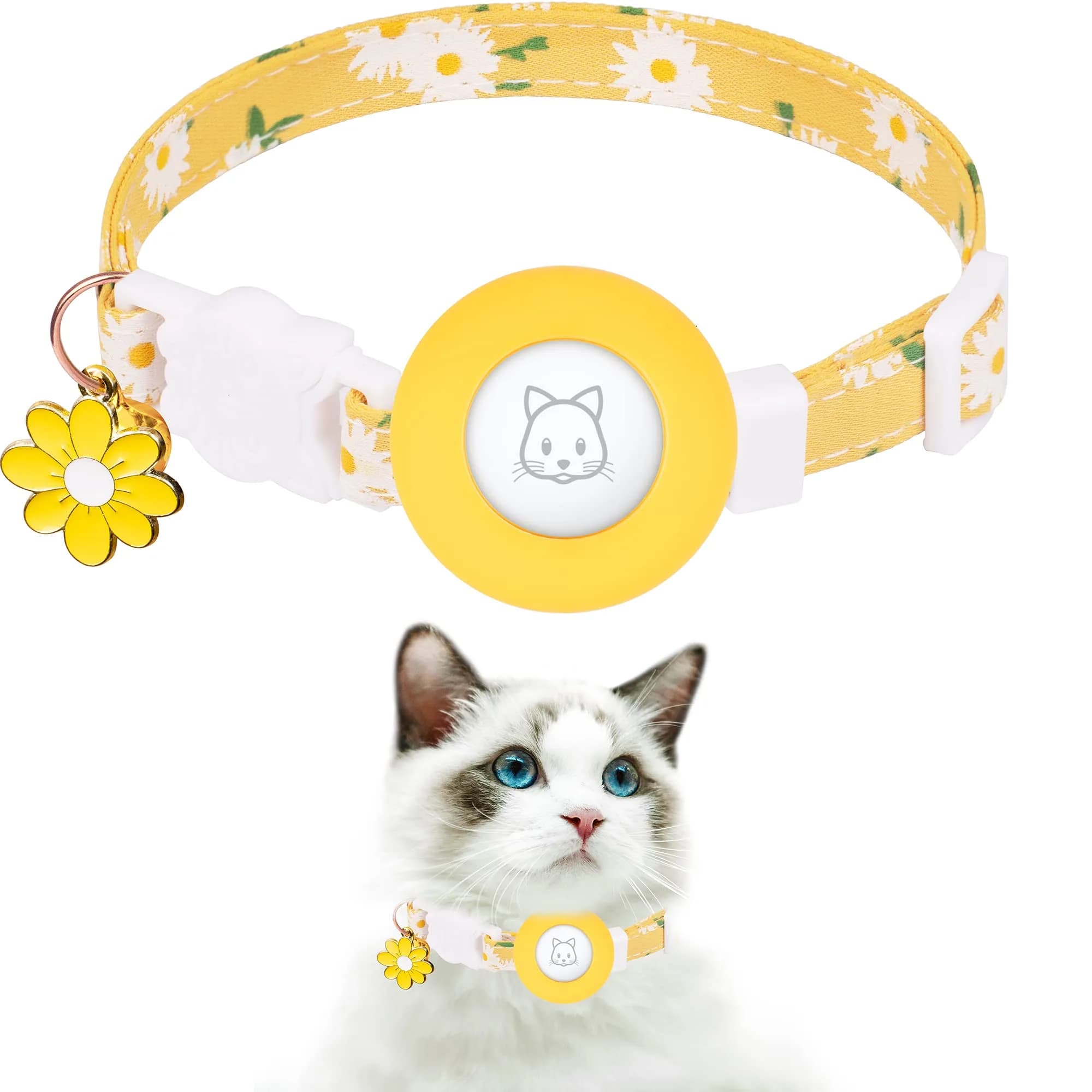 JXFUKAL Airtag Cat Collar with Breakaway Buckle, Silicone AirTag Holder, Bell & Flower Charm for Cats & Small Dogs (Blue, 7.1"-11.8") — Yellow