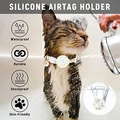 JXFUKAL Airtag Cat Collar with Breakaway Buckle, Silicone AirTag Holder, Bell & Flower Charm for Cats & Small Dogs (Luminous Green, 7.1"-11.8") thumbnail 6