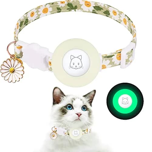 JXFUKAL Airtag Cat Collar with Breakaway Buckle, Silicone AirTag Holder, Bell & Flower Charm for Cats & Small Dogs (Luminous Green, 7.1"-11.8") thumbnail 1