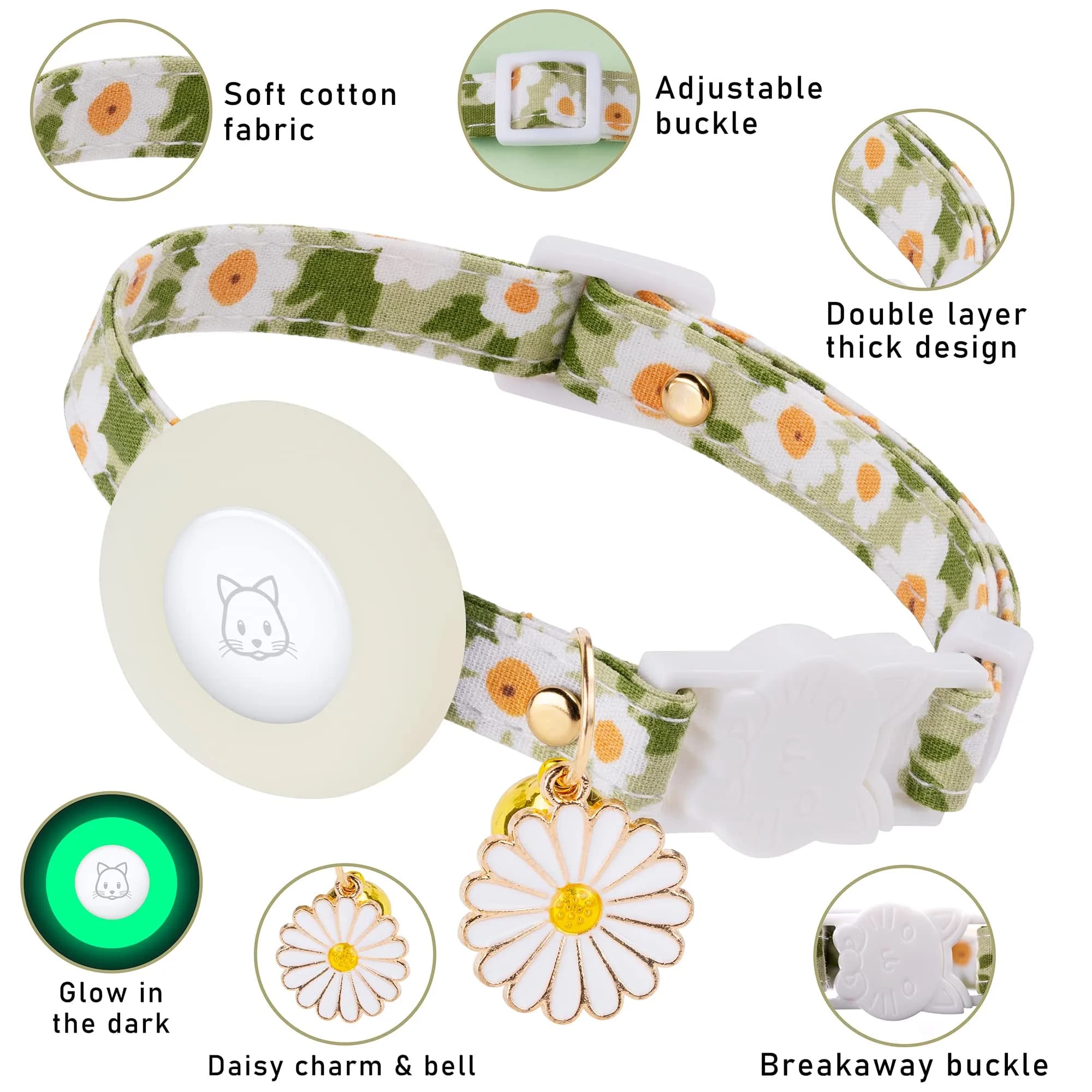 JXFUKAL Airtag Cat Collar with Breakaway Buckle, Silicone AirTag Holder, Bell & Flower Charm for Cats & Small Dogs (Luminous Green, 7.1"-11.8") - view 2