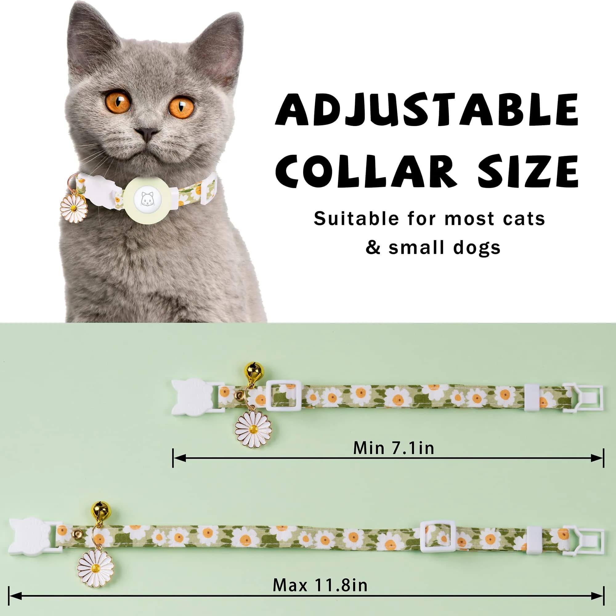JXFUKAL Airtag Cat Collar with Breakaway Buckle, Silicone AirTag Holder, Bell & Flower Charm for Cats & Small Dogs (Luminous Green, 7.1"-11.8") - view 3