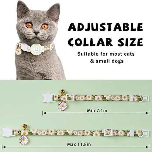 JXFUKAL Airtag Cat Collar with Breakaway Buckle, Silicone AirTag Holder, Bell & Flower Charm for Cats & Small Dogs (Luminous Green, 7.1"-11.8") thumbnail 3