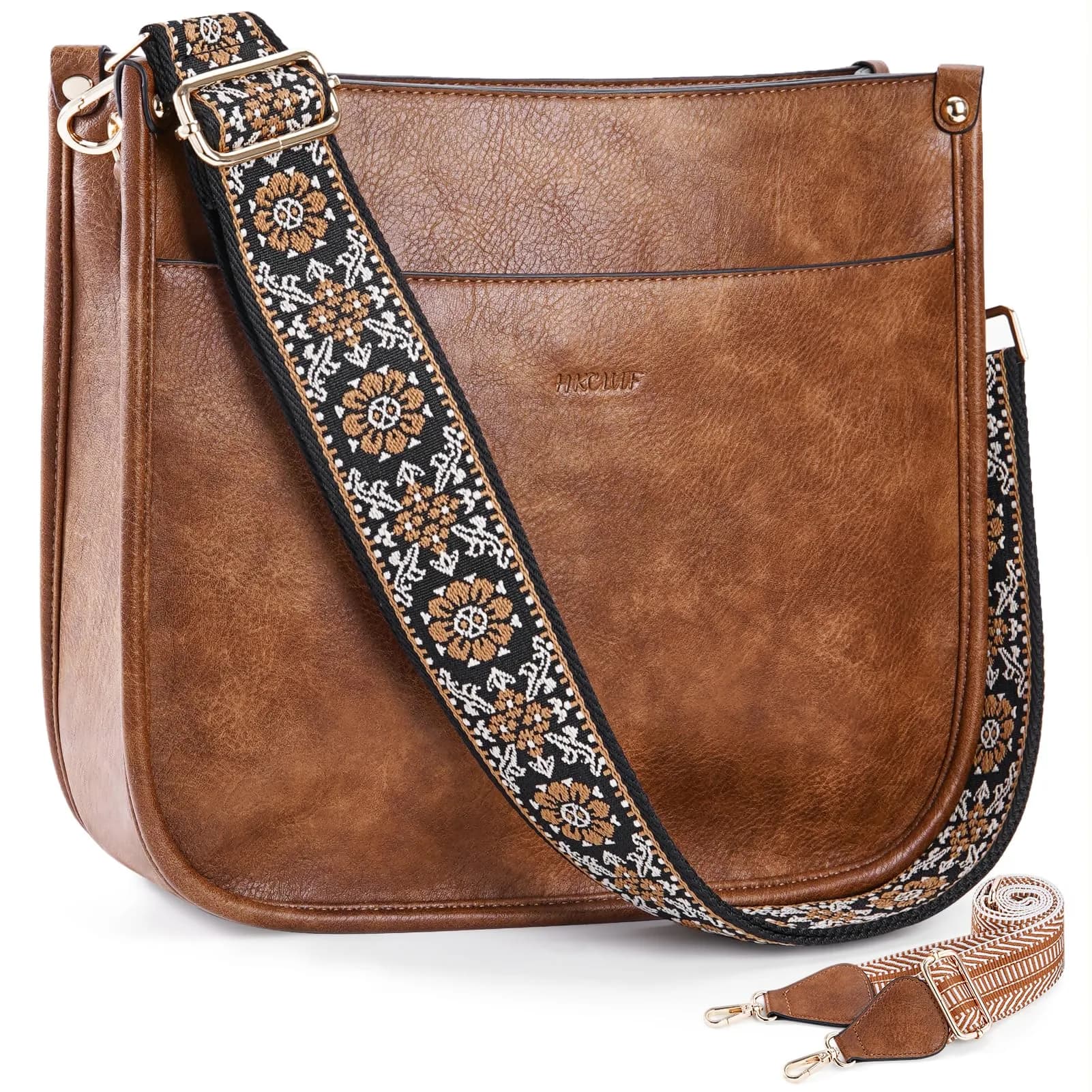 HKCLUF Vegan Leather Hobo Handbag With 2PCS Guitar Strap - Brown, 30.5cm (11.81in) — A1-brown