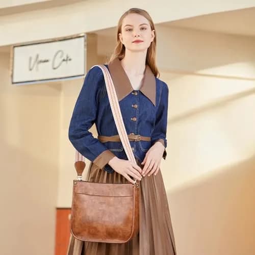 HKCLUF Vegan Leather Hobo Handbag With 2PCS Guitar Strap - Brown, 30.5cm (11.81in) thumbnail 2