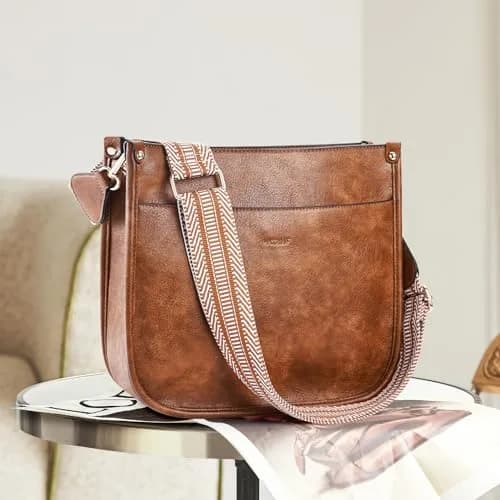 HKCLUF Vegan Leather Hobo Handbag With 2PCS Guitar Strap - Brown, 30.5cm (11.81in) thumbnail 3
