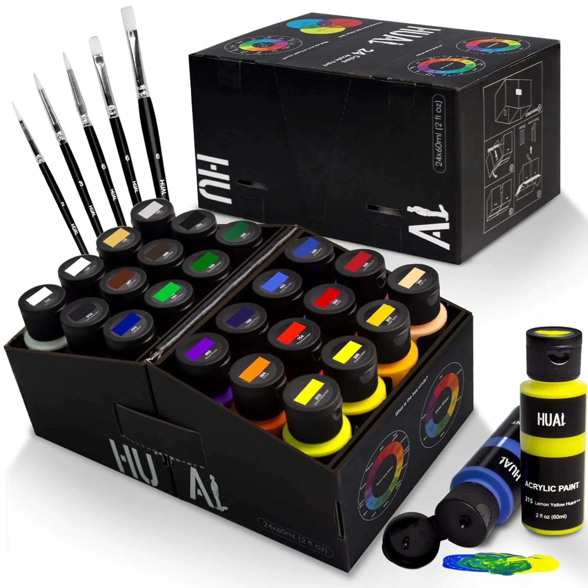 HUAL Acrylic Paint Set with 24 Colors (60ml/2oz Each) & 5 Brushes | ASTM D-4236 Certified Non-Toxic Art Paint