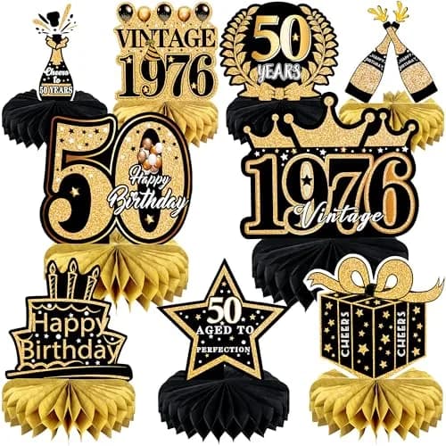 MDCGFOD 50th Birthday Decoration Pack | Black & Gold Table Honeycombs & Cardboard thumbnail 1