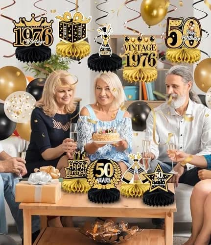 MDCGFOD 50th Birthday Decoration Pack | Black & Gold Table Honeycombs & Cardboard thumbnail 3
