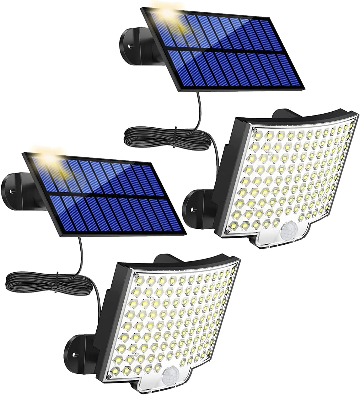 MPJ Solar Wall Light Outdoor with Motion Sensor, 106 LED, 16.5 ft Cable, 2 Pack | Split Panel Design for Brighter Nights - main product image
