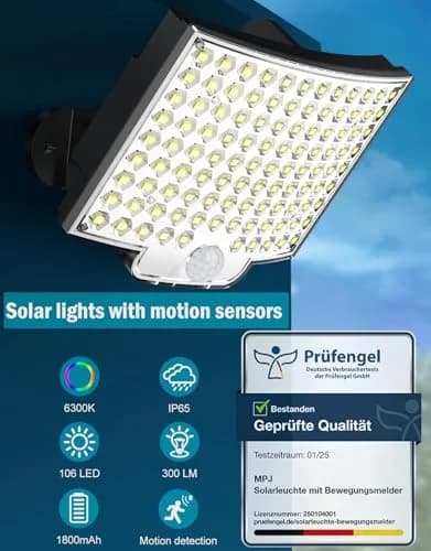 MPJ Solar Wall Light Outdoor with Motion Sensor, 106 LED, 16.5 ft Cable, 2 Pack | Split Panel Design for Brighter Nights thumbnail 4