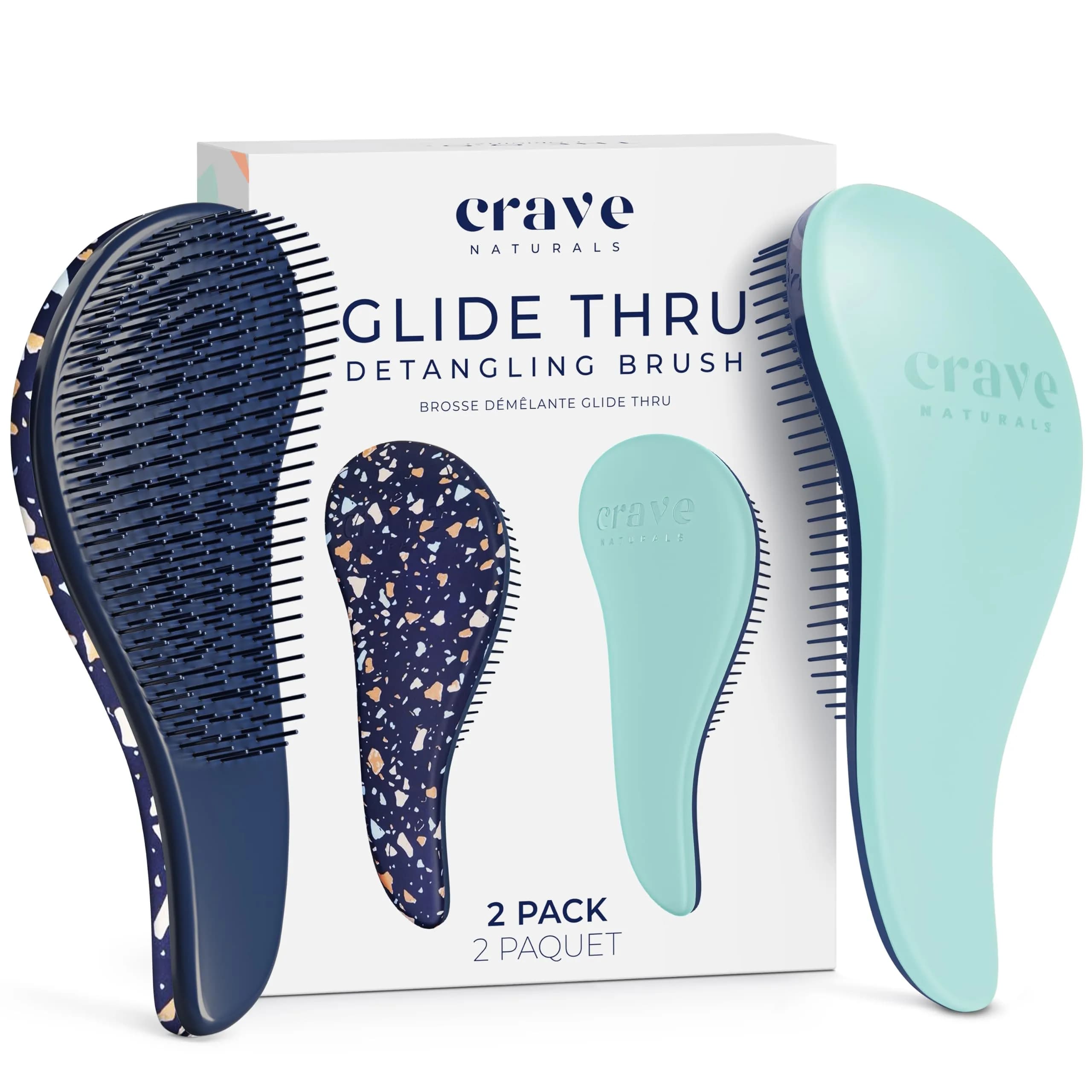 Crave Naturals Glide Thru Hair Brush - Detangler for Curly, Straight, Wet or Dry Hair | Gentle Detangling for All Hair Types — Navy Terrazzo & Turquoise / (Regular)