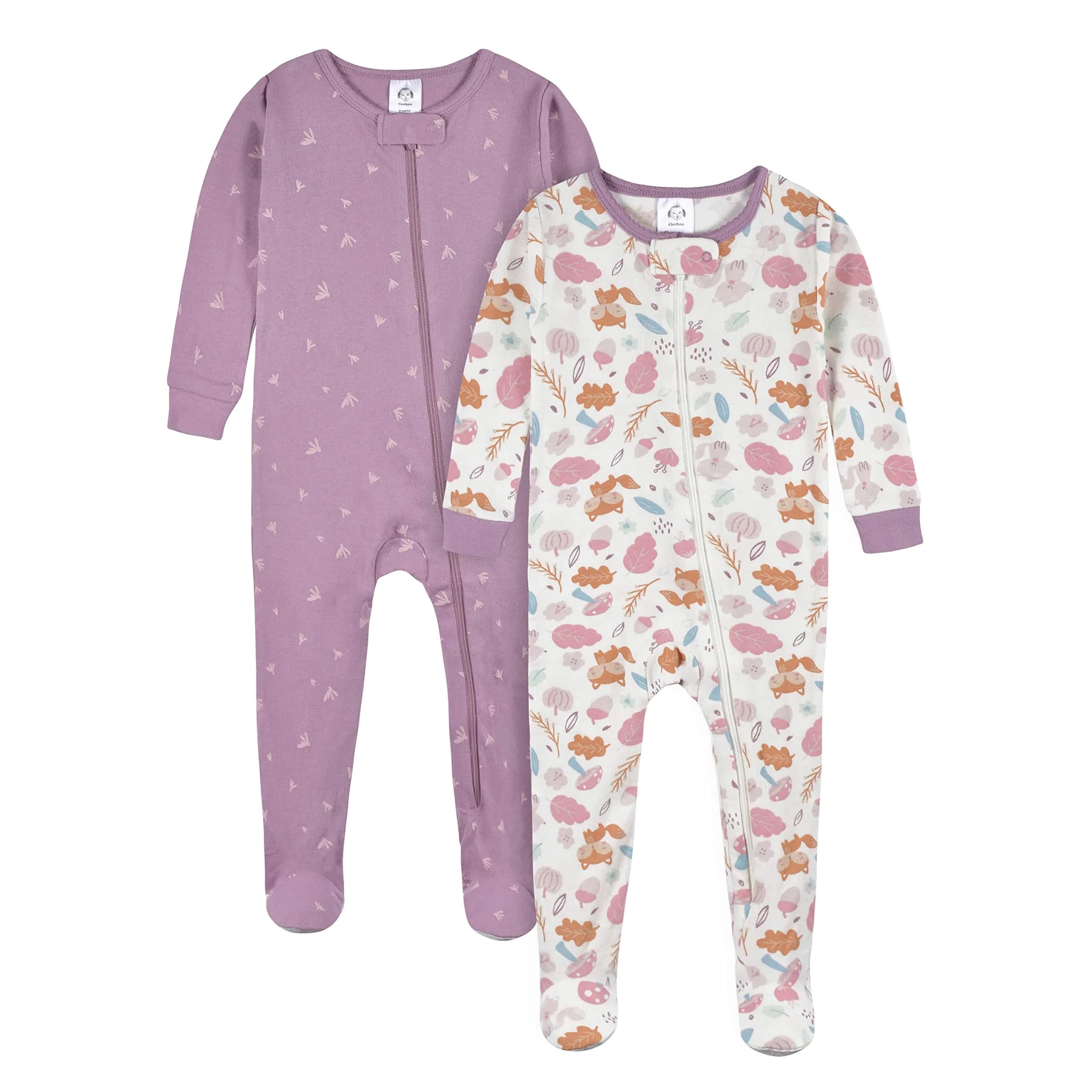 Gerber Baby Girls Woodland Floral Purple Footed Pajamas 3T (2-Pack) | Snug-Fit Cotton Sleepwear — 2-Pack