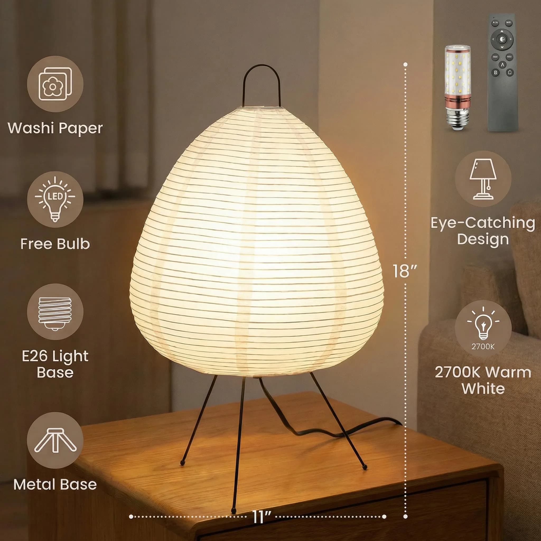 Nogy Akari Rice Paper Lamp • Dimmable Japanese Paper Lantern Light • 28cm (11") x 40cm (18") - view 4