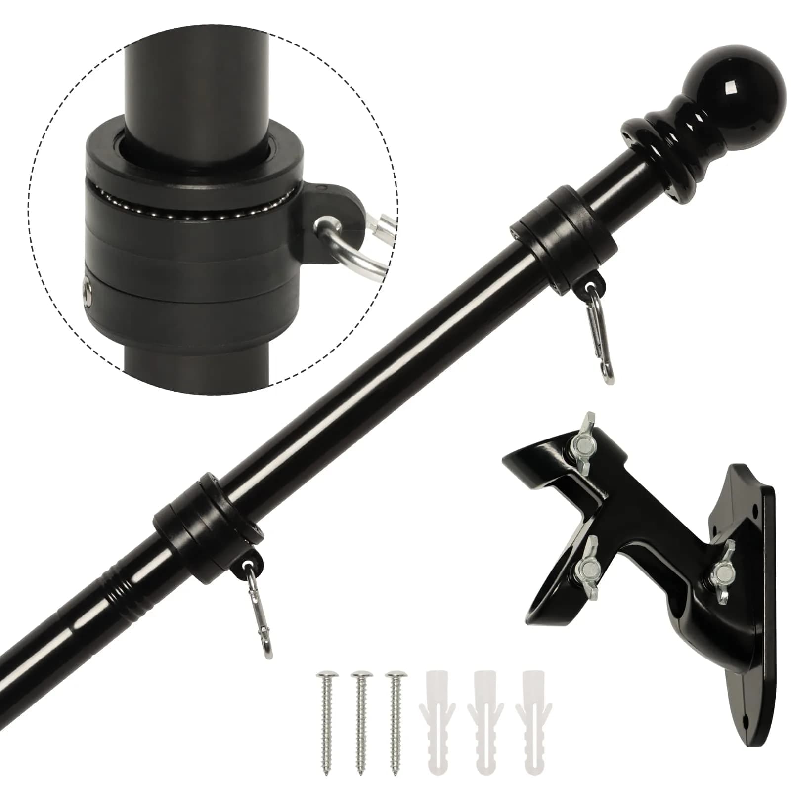 NELXINJO 5ft Black Stainless Steel Flag Pole Kit with Bracket | Anti-Wrap Spinning Design — Black with bracket