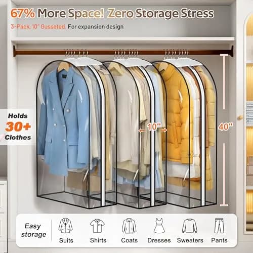 MISSLO Clear Gusseted Garment Bags 40" (101.6 cm) x 22" (55.88 cm) x 10" (25.4 cm) — 3 Pack | Protects Clothes from Dust & Wrinkles thumbnail 2
