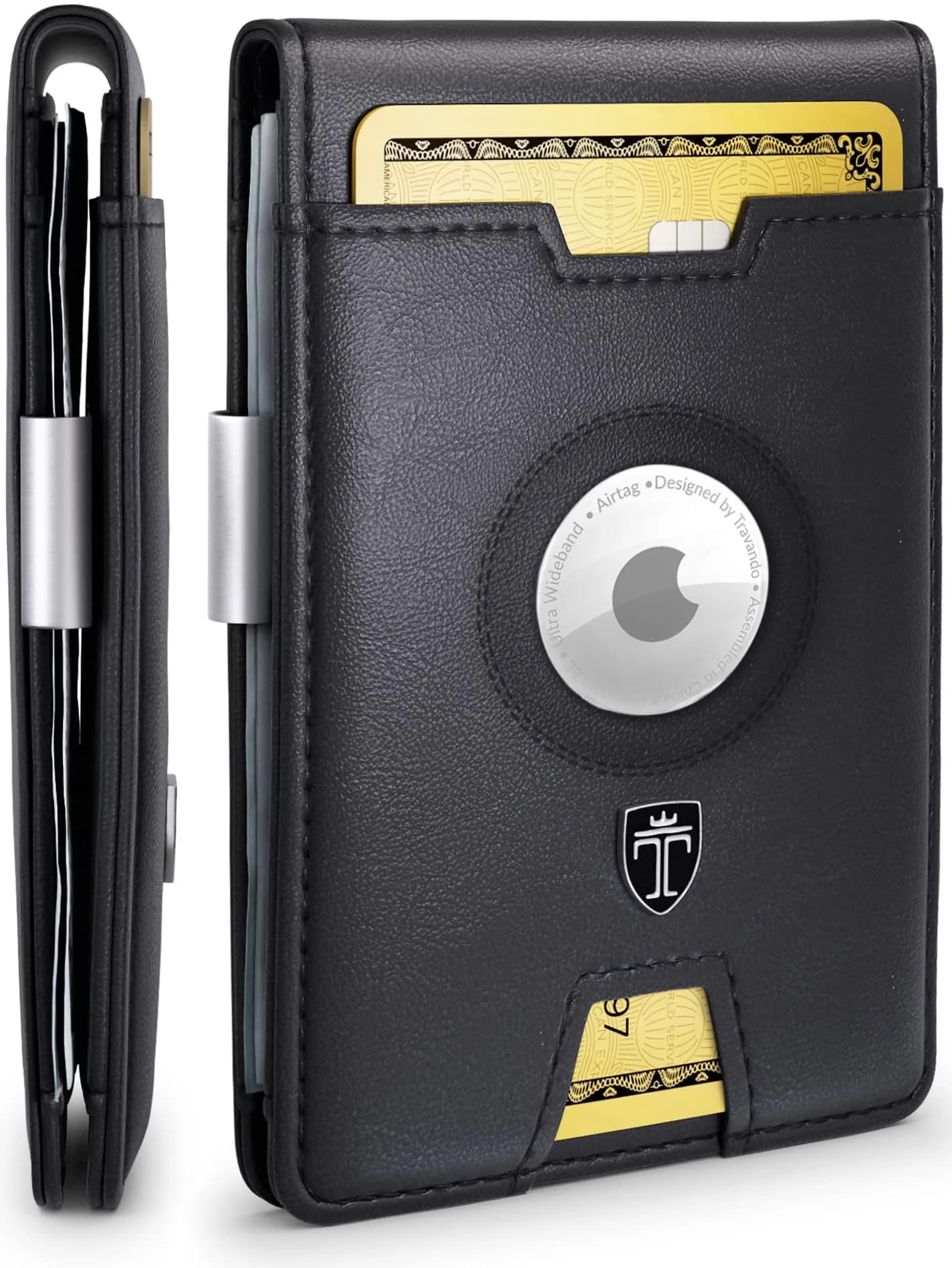 TRAVANDO Money Clip Wallet with AirTag Pocket - RFID Protected Leather Wallet for Men for 11 Cards