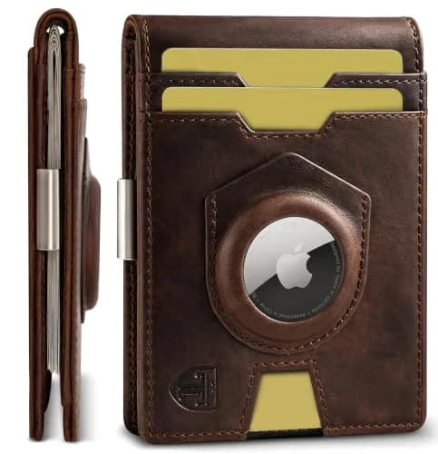 TRAVANDO AirTag Money Clip Wallet with RFID Protection - Full Grain Leather for 11 Cards, Vintage Brown | 11.0 cm x 8.0 cm x 2.0 cm thumbnail 1