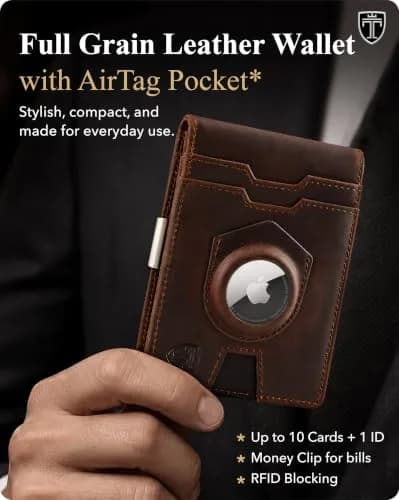 TRAVANDO AirTag Money Clip Wallet with RFID Protection - Full Grain Leather for 11 Cards, Vintage Brown | 11.0 cm x 8.0 cm x 2.0 cm thumbnail 2