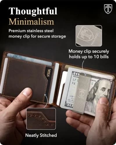 TRAVANDO AirTag Money Clip Wallet with RFID Protection - Full Grain Leather for 11 Cards, Vintage Brown | 11.0 cm x 8.0 cm x 2.0 cm thumbnail 4