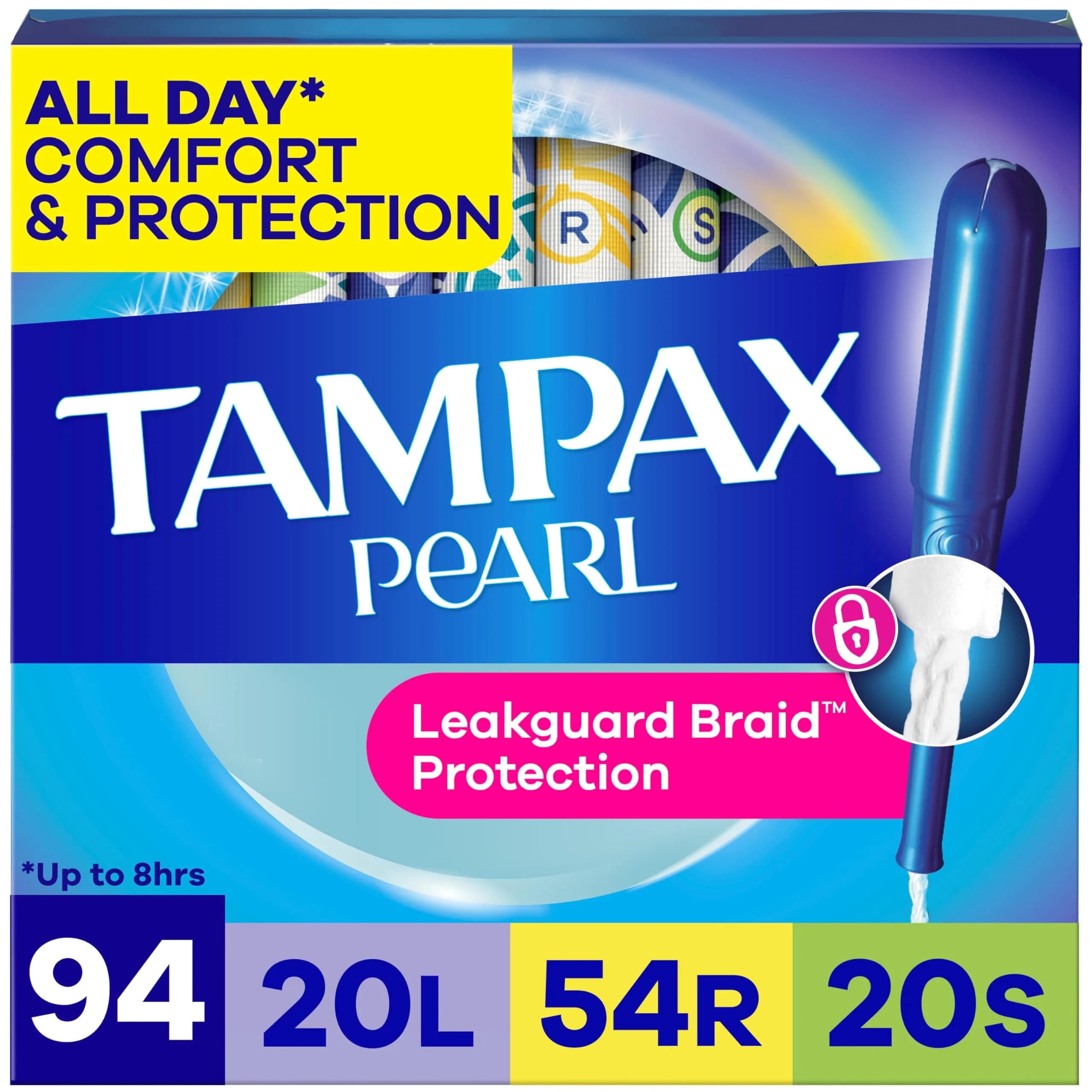 Tampax Pearl Tampons Multipack, Light/Regular/Super Absorbency, Unscented, 94 Count | Dermatologist Tested Tampon