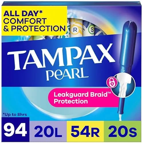 Tampax Pearl Tampons Multipack, Light/Regular/Super Absorbency, Unscented, 94 Count | Dermatologist Tested Tampon thumbnail 1
