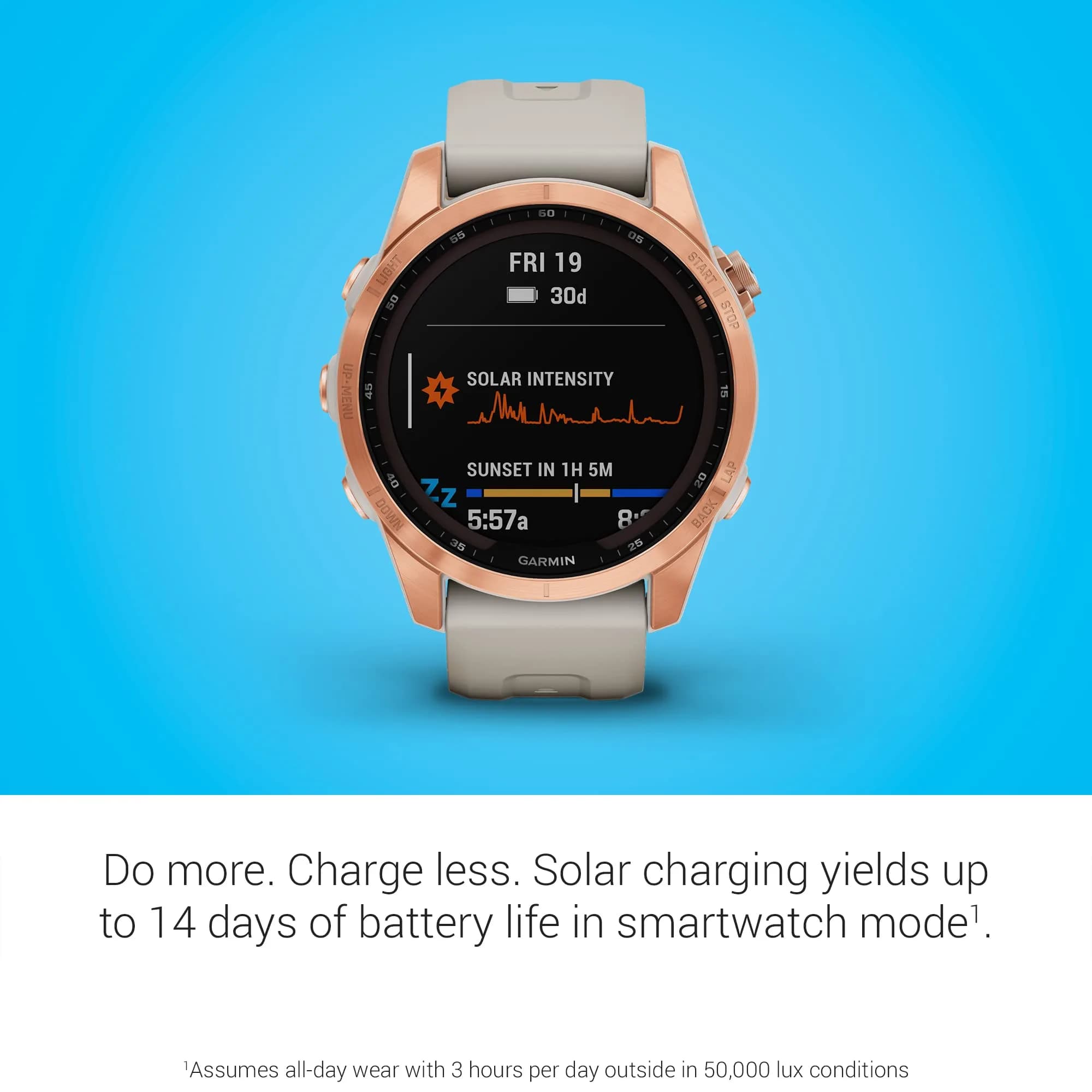 Garmin fenix 7S Solar Smartwatch 47mm Rose Gold with Light Sand Band | Long-Running Solar Powered Multisport GPS Watch - view 3