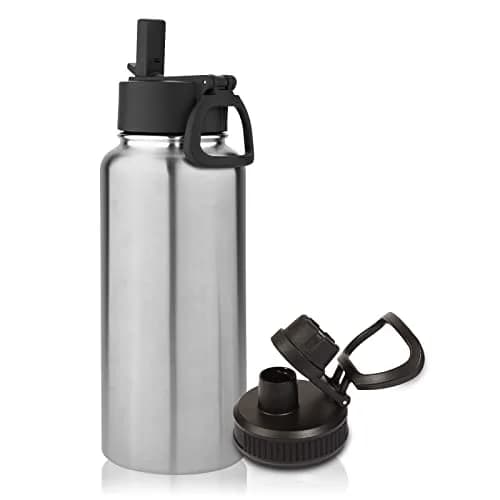 Volhoply 32oz Insulated Water Bottle with Straw Lid, Silver, 1-Pack | Double Wall Vacuum, Keeps Cold 18h thumbnail 1