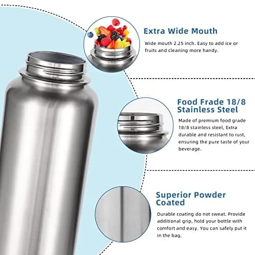 Volhoply 32oz Insulated Water Bottle with Straw Lid, Silver, 1-Pack | Double Wall Vacuum, Keeps Cold 18h thumbnail 5