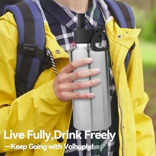 Volhoply 32oz Insulated Water Bottle with Straw Lid, Silver, 1-Pack | Double Wall Vacuum, Keeps Cold 18h thumbnail 7
