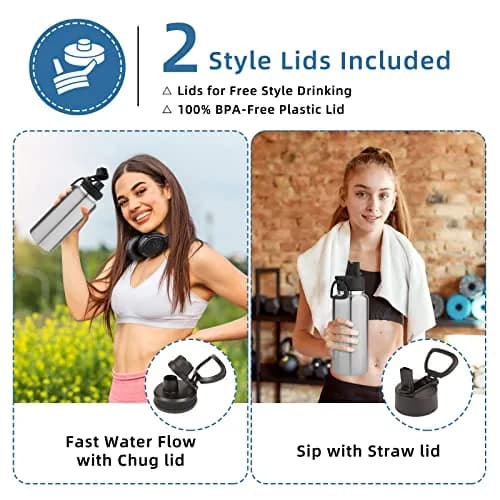 Volhoply 32oz Insulated Water Bottle with Straw Lid, Silver, 1-Pack | Double Wall Vacuum, Keeps Cold 18h thumbnail 2