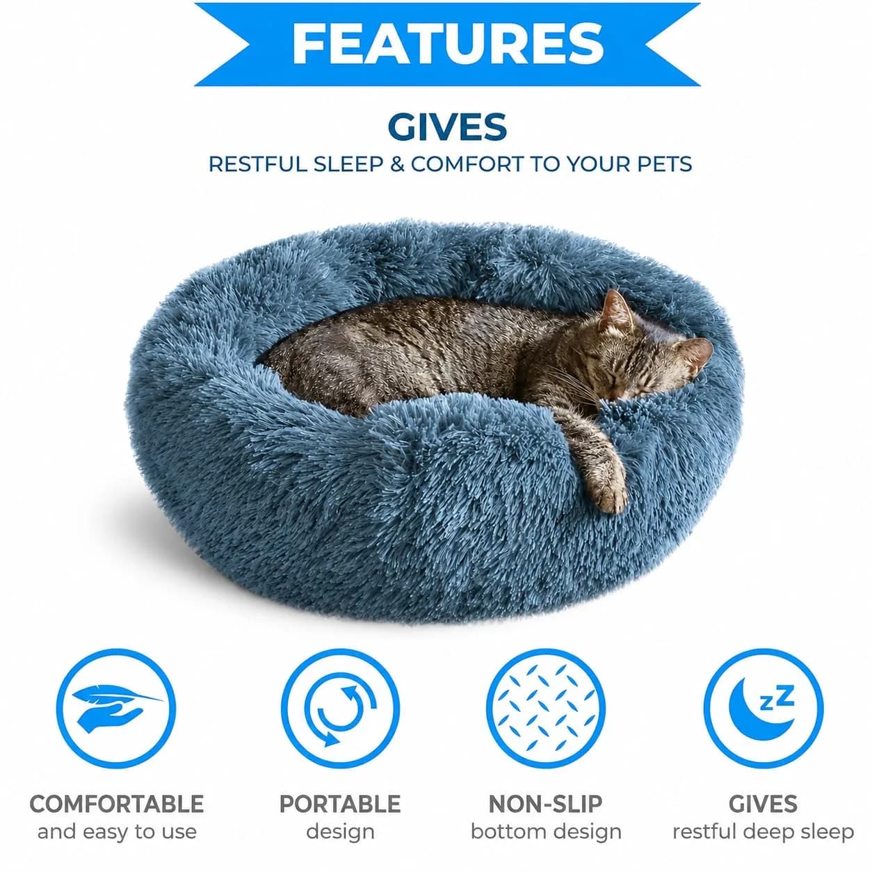 Whiskers & Friends Calming Donut Cat & Small Dog Bed 51cm (20") | Orthopedic Support for Anxiety Relief - view 3