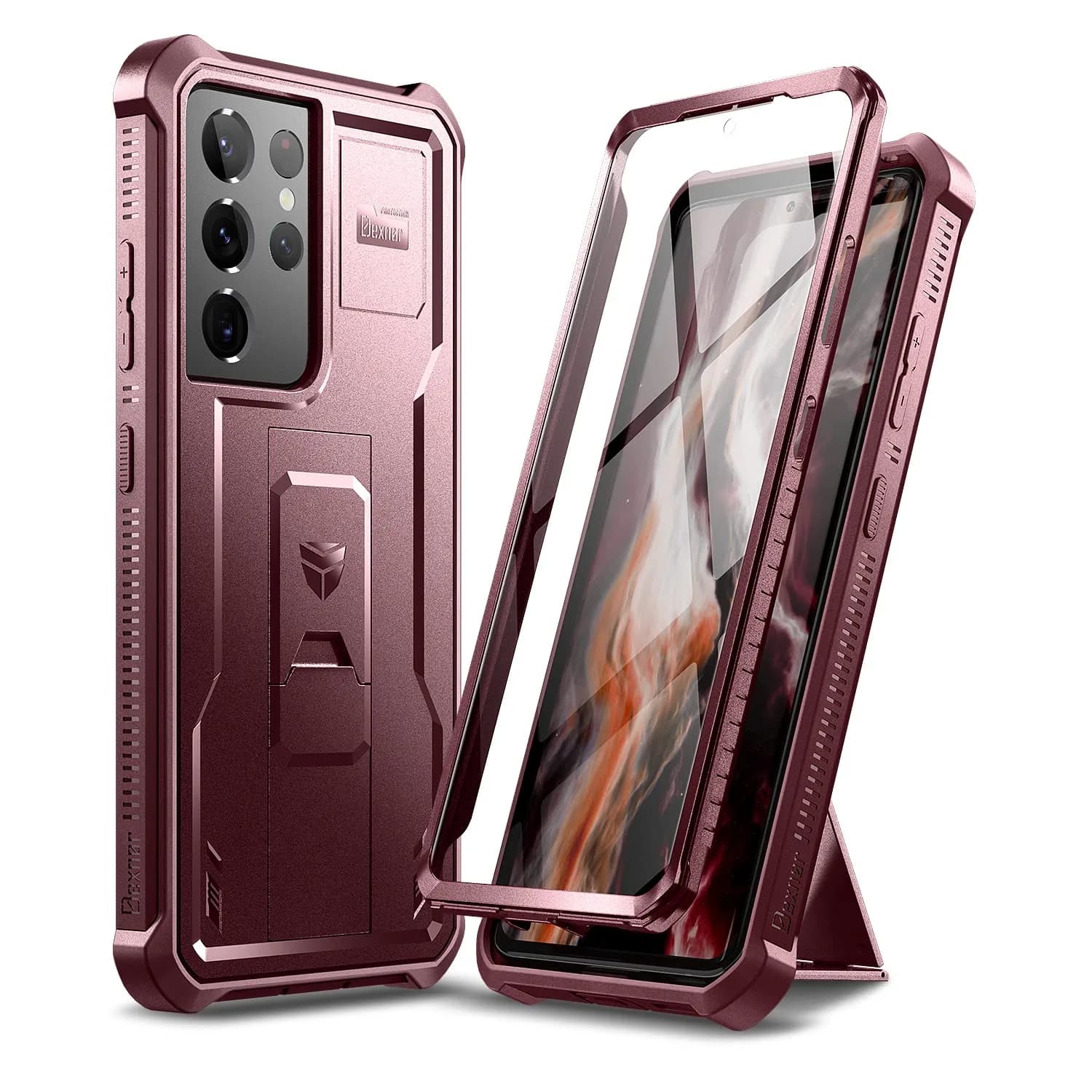 Dexnor Galaxy S21 Ultra Case with Screen Protector & Kickstand | Heavy Duty Shockproof Cover, 6.8 inch, Maroon Red