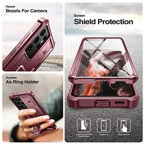 Dexnor Galaxy S21 Ultra Case with Screen Protector & Kickstand | Heavy Duty Shockproof Cover, 6.8 inch, Maroon Red thumbnail 7