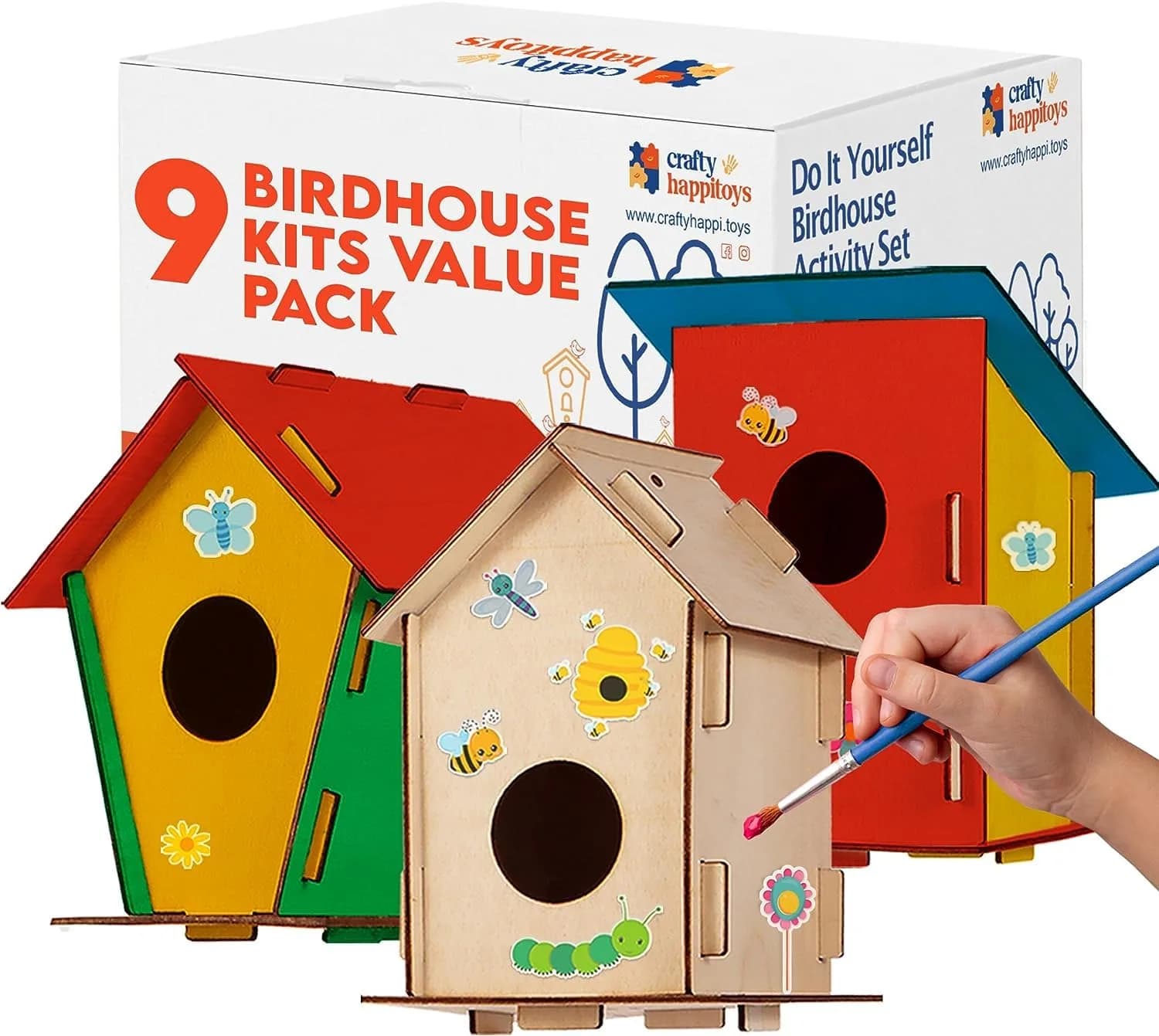 CRAFTY HAPPITOYS 9 DIY Bird House Kits for Kids to Build & Paint | Wooden Craft Kit for Ages 4-12