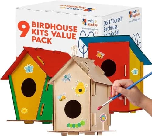 CRAFTY HAPPITOYS 9 DIY Bird House Kits for Kids to Build & Paint | Wooden Craft Kit for Ages 4-12 thumbnail 1