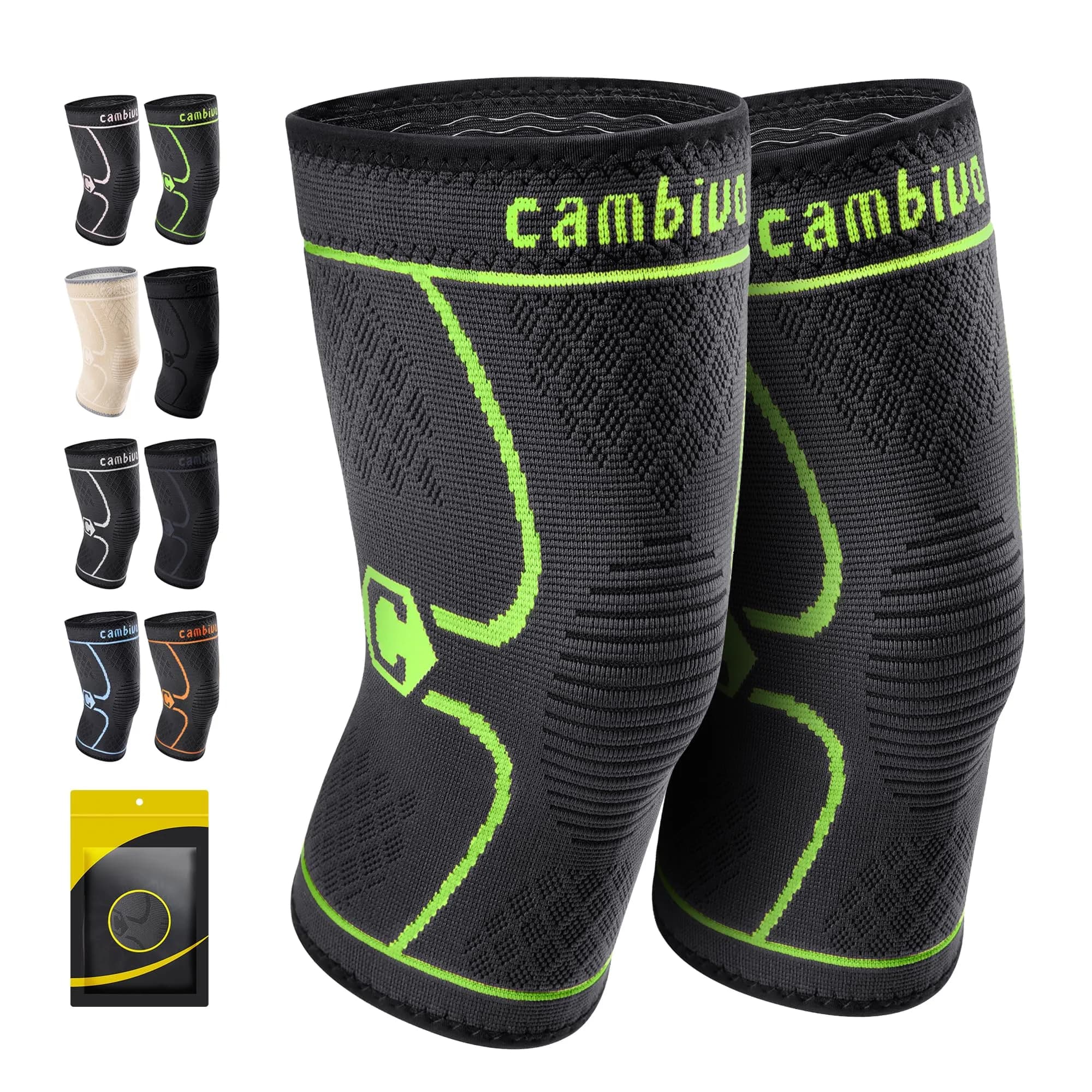 CAMBIVO 2 Pack Knee Brace Compression Sleeve for Men & Women, Green Small | FDA Approved Orthopedic Brace