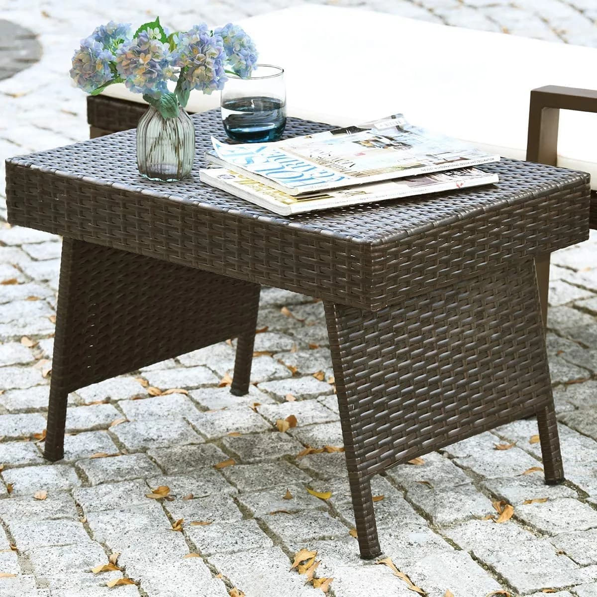 HAPPYGRILL Outdoor Wicker Table Folding Rattan Side Table 24" x 16" | Foldable & Sun Resistant