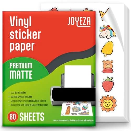 JOYEZA Printable Vinyl Sticker Paper for Inkjet Printer 80 Sheets Matte White Waterproof | Waterproof, Quick-Dry, Vivid Colors thumbnail 1