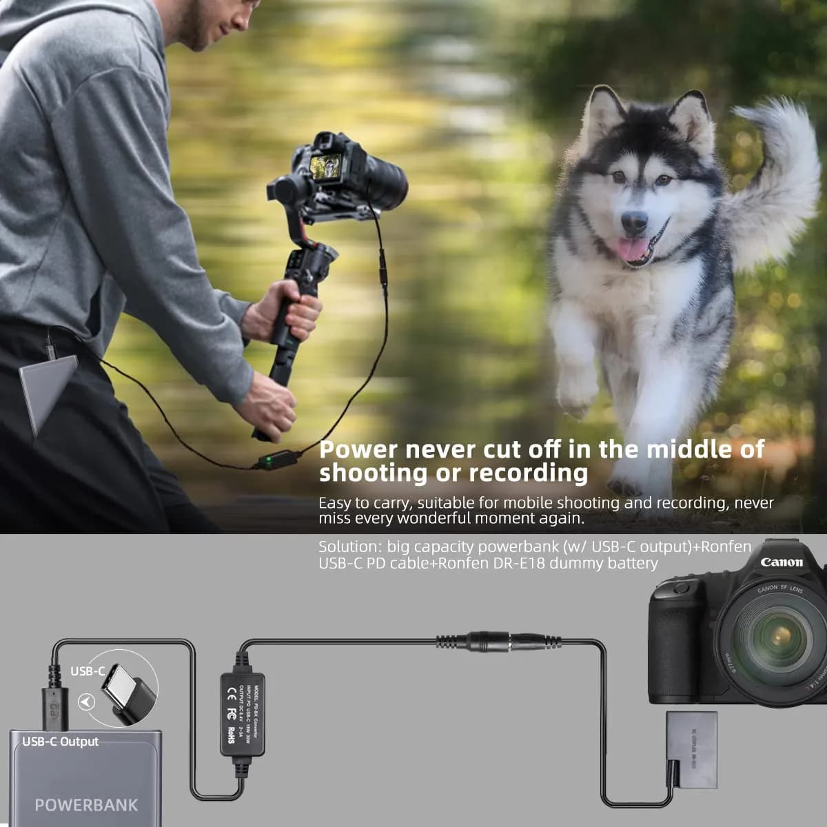 RONFEN DR-E18 USB-C PD Adapter Kit for Canon Cameras | 1.2M Cable, 30W Output - view 3