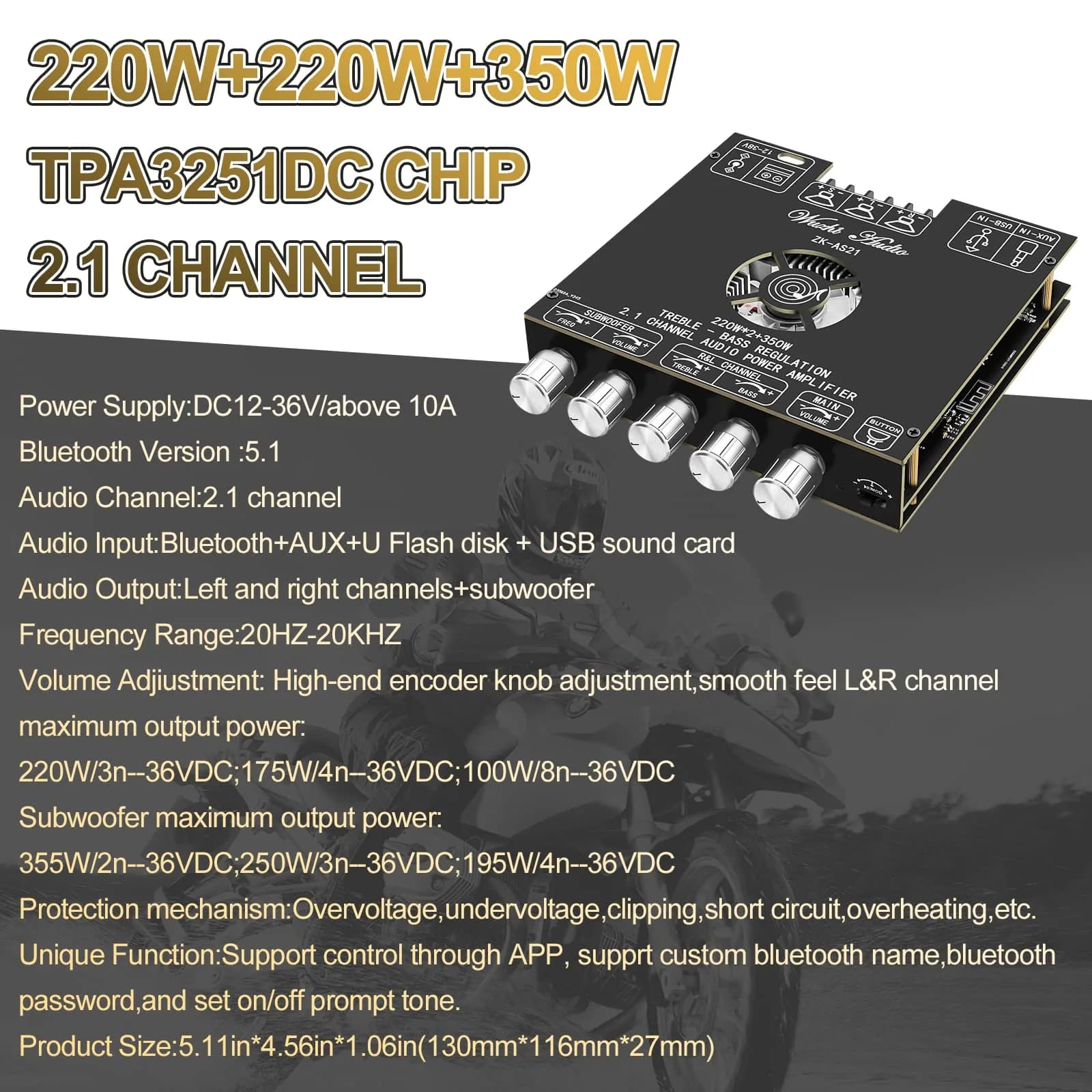 MakerHawk ZK-AS21 Bluetooth 5.1 Power Amplifier Board 2.1 Channel 790W | Hi-Fi Stereo Digital Audio Module with AUX/USB - view 5