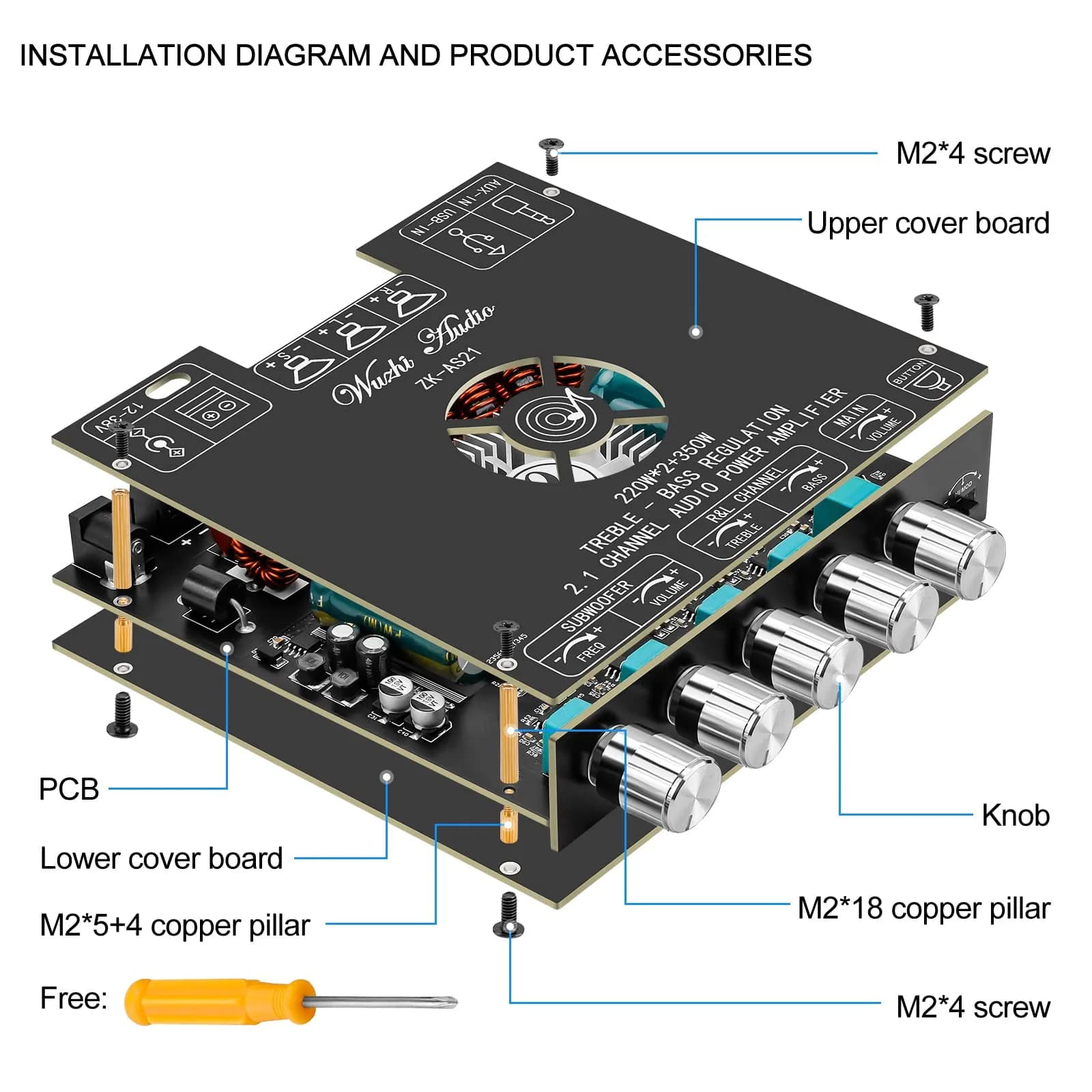 MakerHawk ZK-AS21 Bluetooth 5.1 Power Amplifier Board 2.1 Channel 790W | Hi-Fi Stereo Digital Audio Module with AUX/USB - view 6