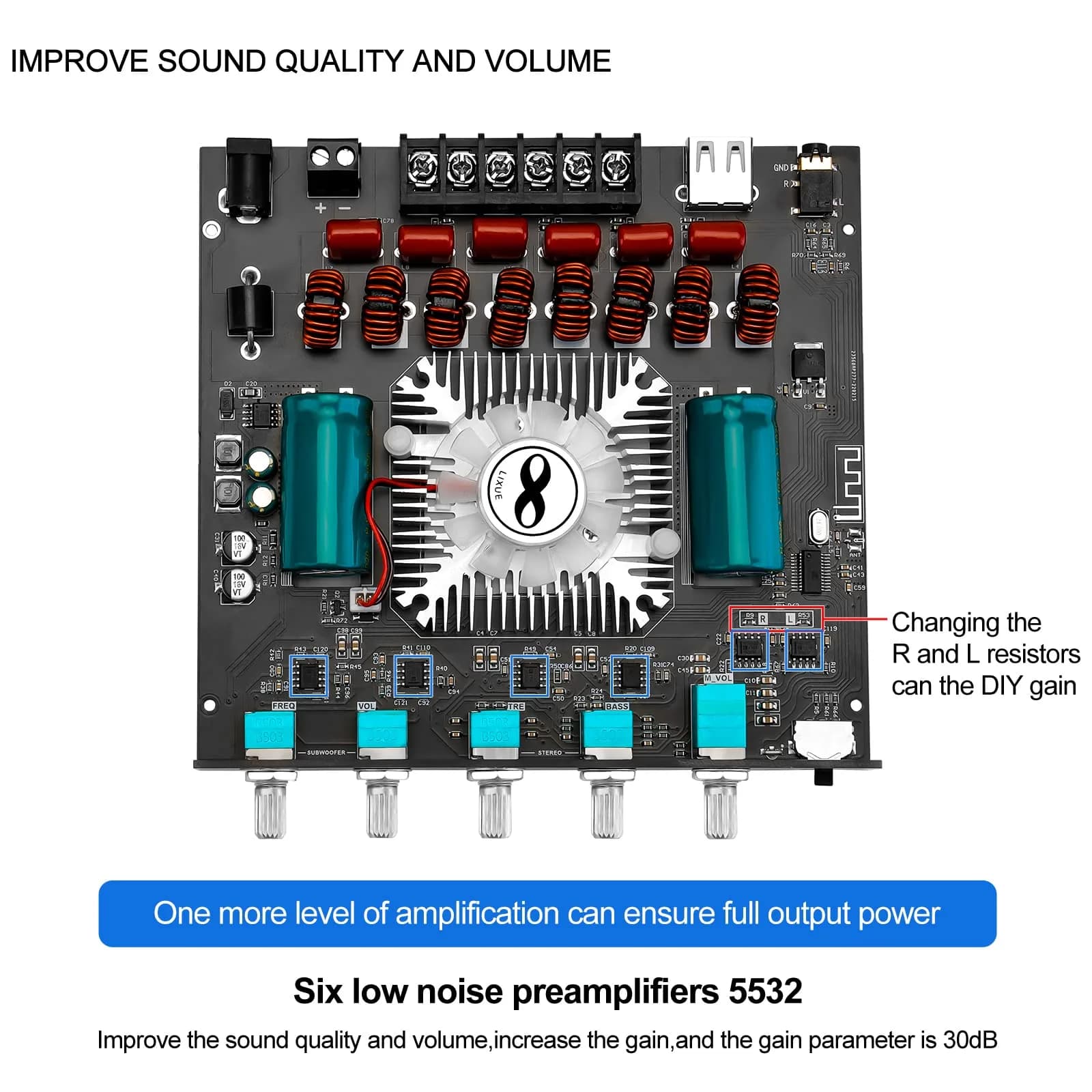 MakerHawk ZK-AS21 Bluetooth 5.1 Power Amplifier Board 2.1 Channel 790W | Hi-Fi Stereo Digital Audio Module with AUX/USB - view 7