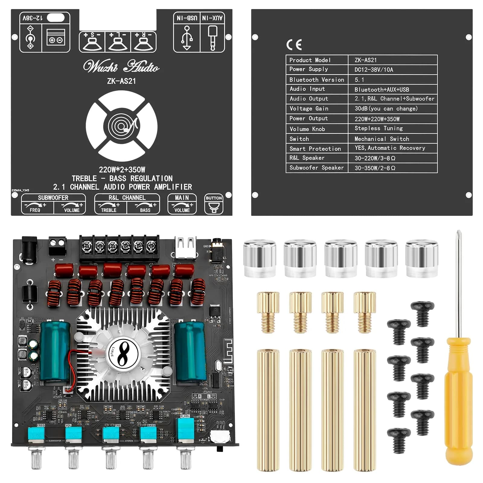 MakerHawk ZK-AS21 Bluetooth 5.1 Power Amplifier Board 2.1 Channel 790W | Hi-Fi Stereo Digital Audio Module with AUX/USB - view 9