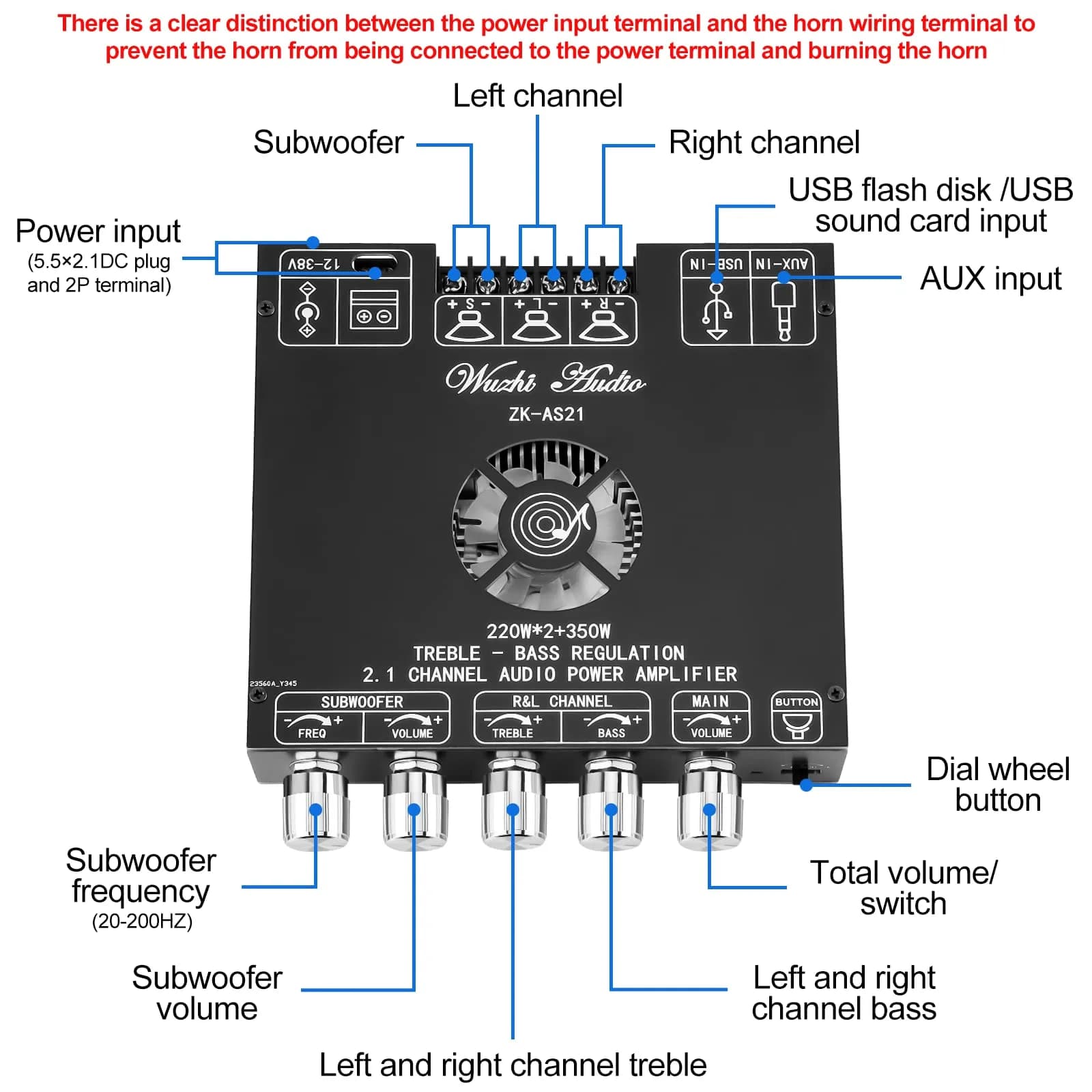 MakerHawk ZK-AS21 Bluetooth 5.1 Power Amplifier Board 2.1 Channel 790W | Hi-Fi Stereo Digital Audio Module with AUX/USB - view 2