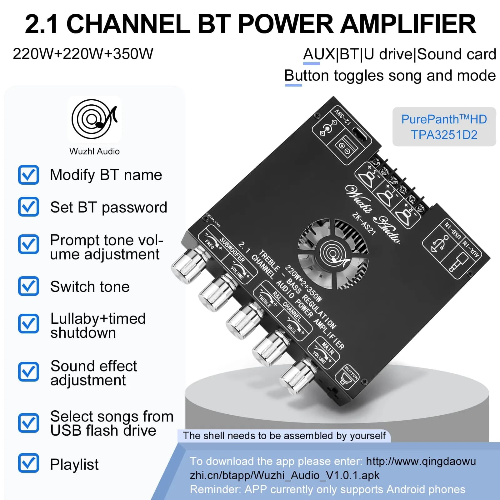 MakerHawk ZK-AS21 Bluetooth 5.1 Power Amplifier Board 2.1 Channel 790W | Hi-Fi Stereo Digital Audio Module with AUX/USB - view 4